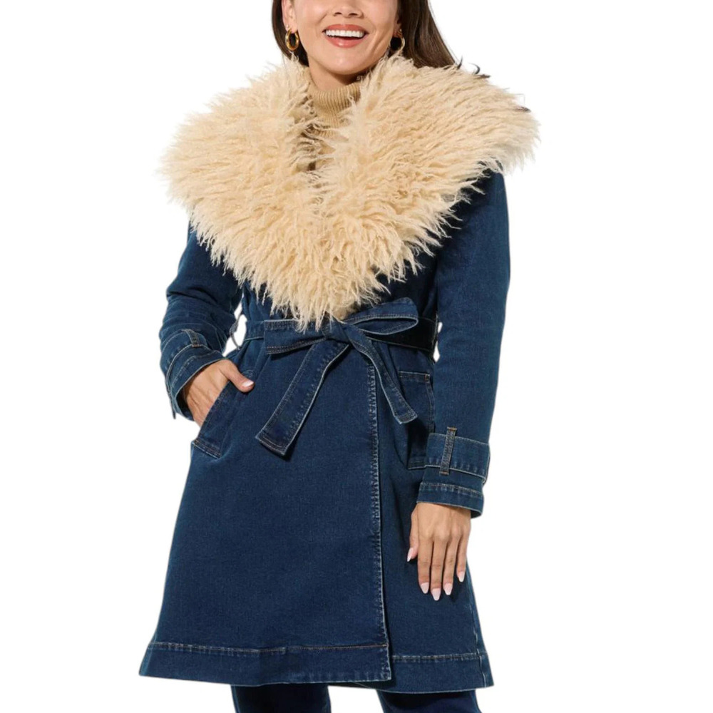 DG2 by Diane Gilman Women's Faux Fur Trimmed Denim Trench Coat Indigo - Regular